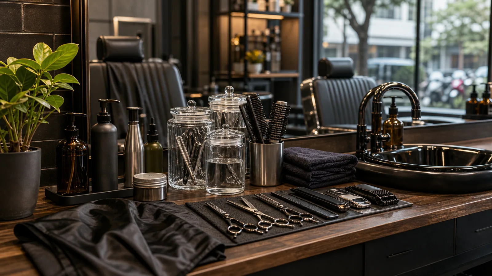 Modern barbershop station with reusable tools, glass jars, towels and refillable product bottles