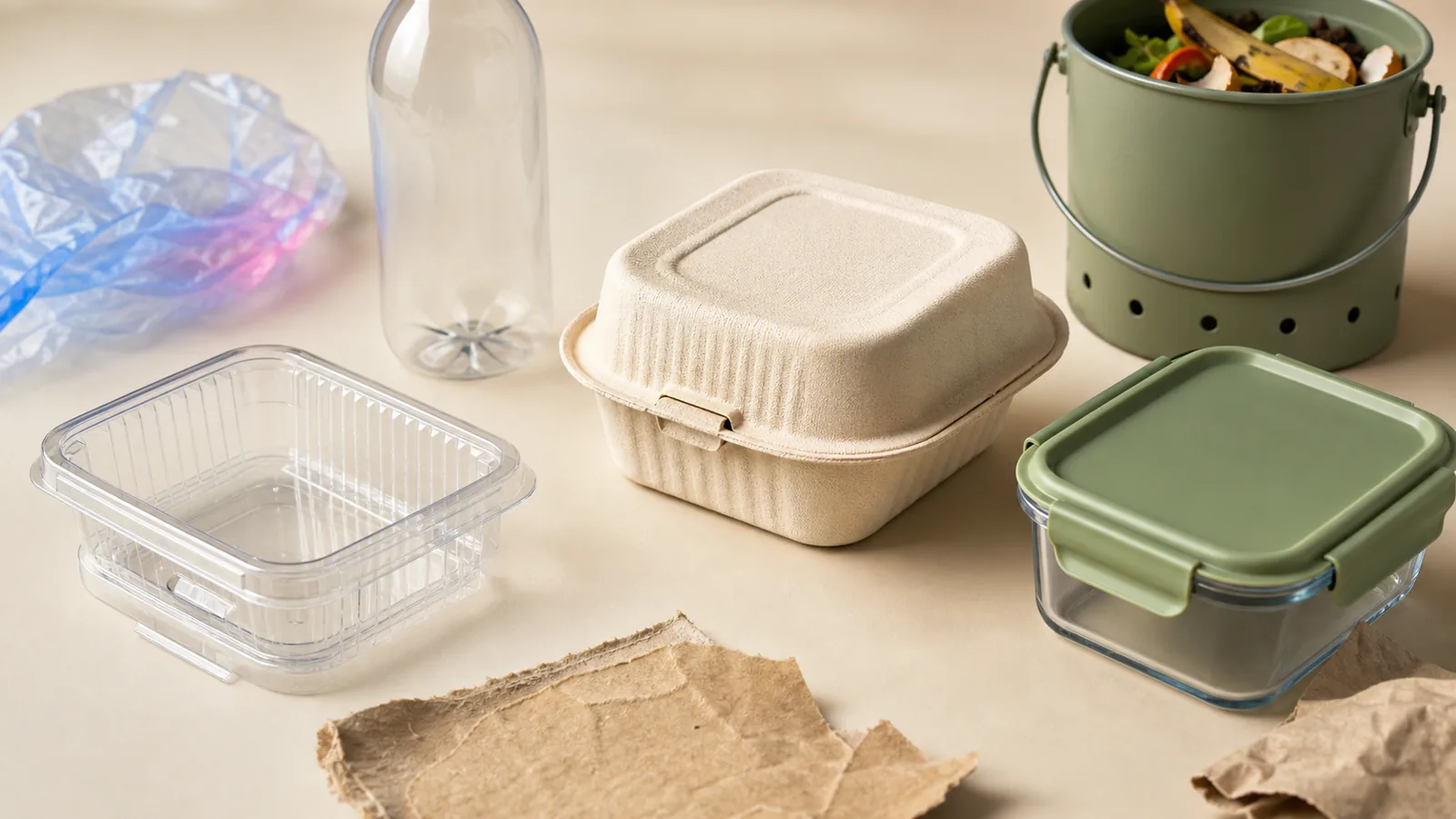 Photorealistic tabletop comparison of unbranded recycled plastic, compostable packaging and reusable containers