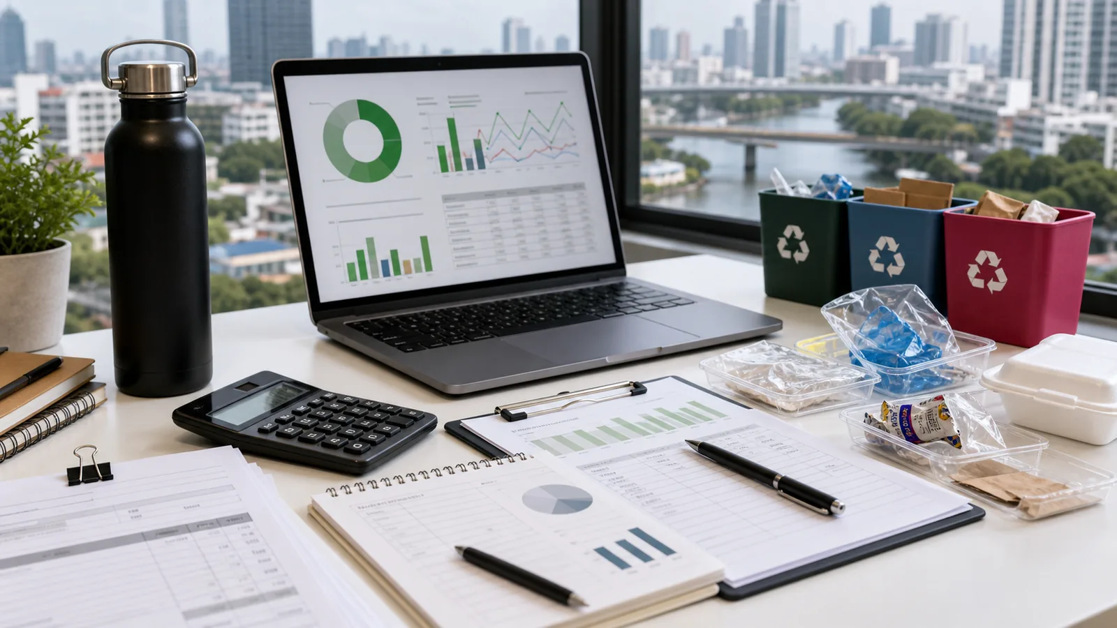 Office desk with laptop charts, calculator, reusable bottle and sorted packaging samples