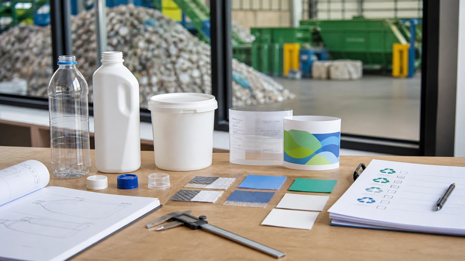 Packaging design review table with clear bottles, white containers, label samples, caps and a recycling checklist beside a sorting facility