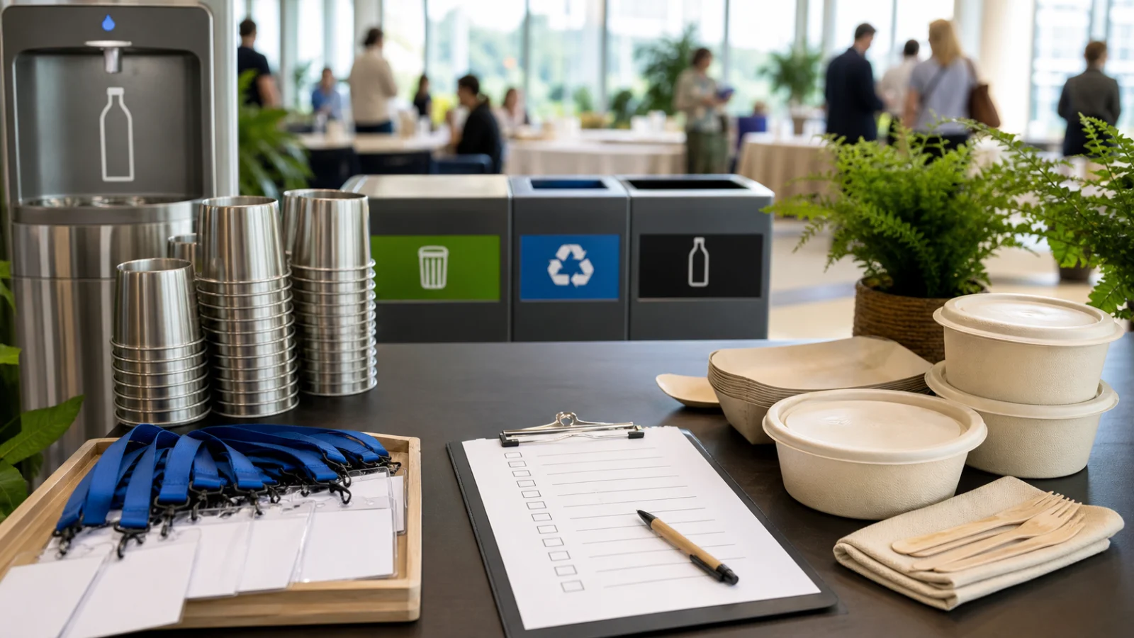 Photorealistic event planning table with reusable cups, refill station, lanyard badges, sorted bins and a plastic reduction checklist