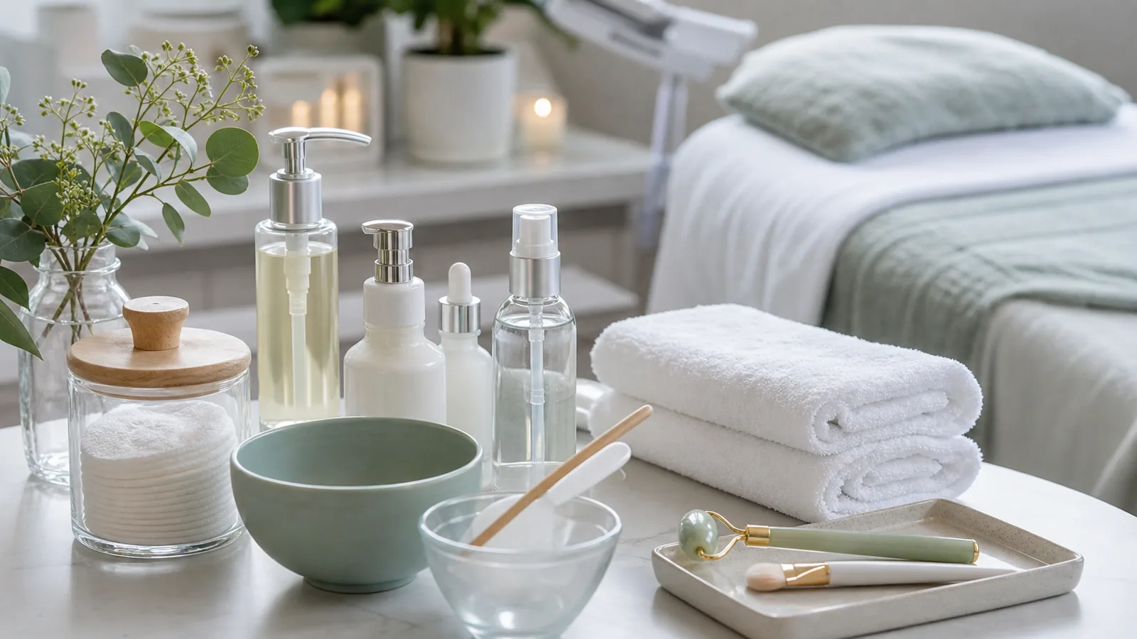 Facial treatment setup with reusable bowls, towels, glass jars and refillable skincare dispensers