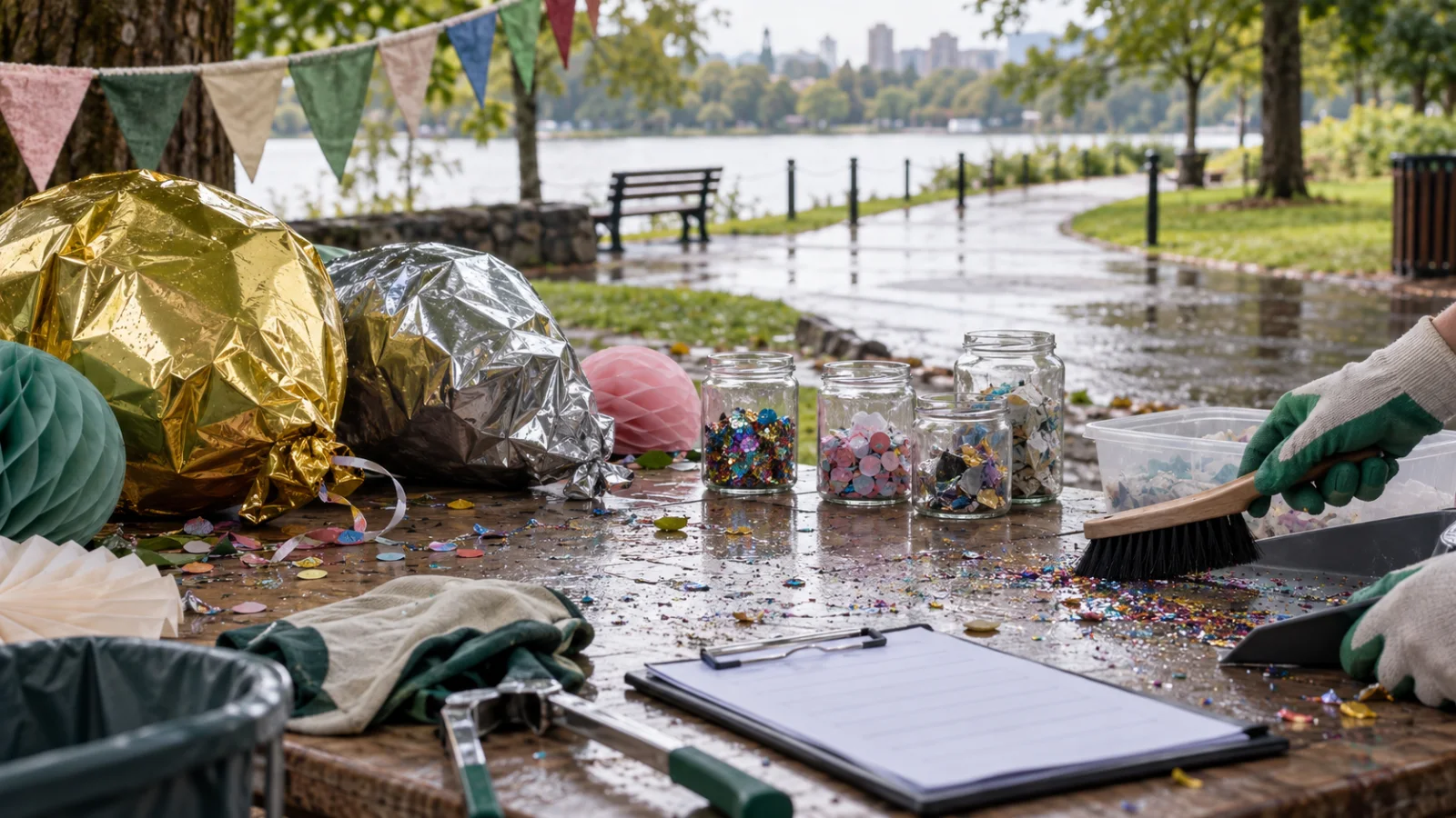 Outdoor event cleanup table with deflated foil balloons, glitter, confetti, reusable bunting and sorting jars after rain