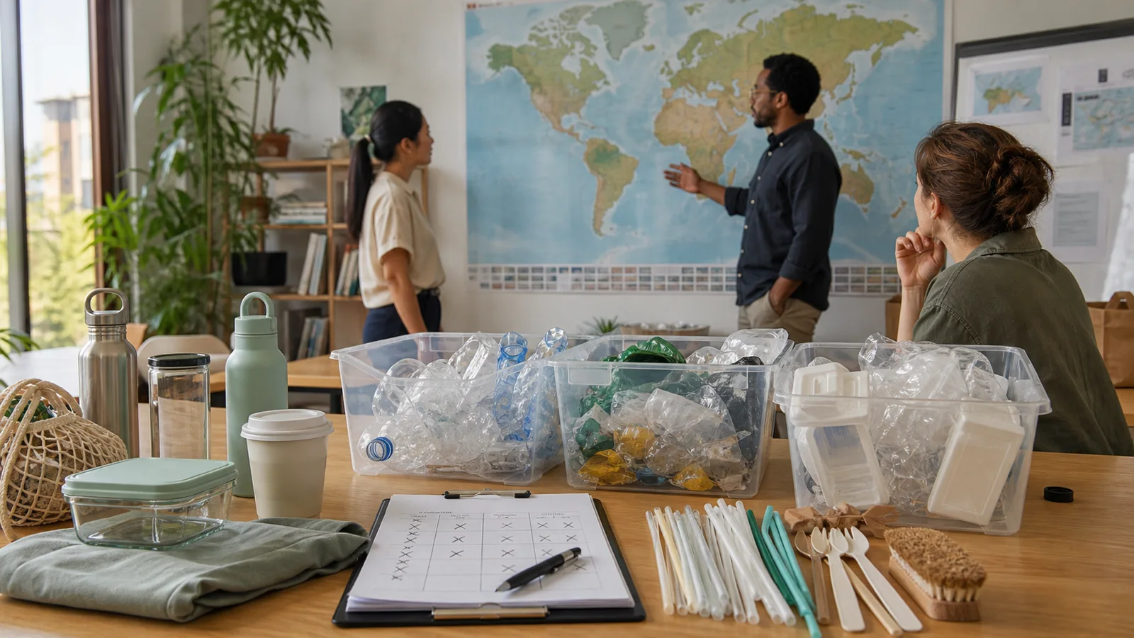Policy workshop with a world map, sorted plastic packaging samples, reusable containers and a waste audit clipboard