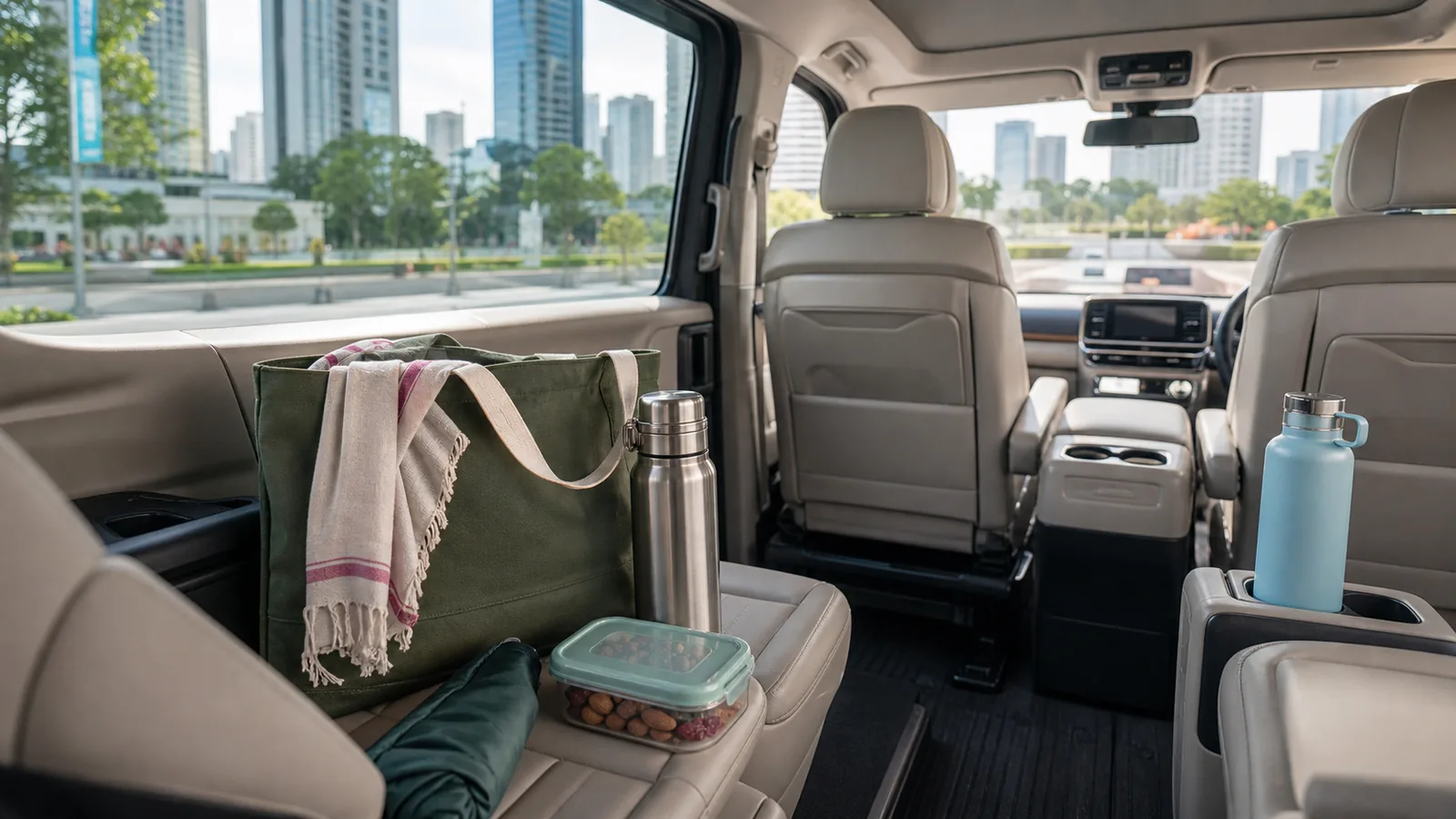 Private van interior in Bangkok with reusable bottles, tote bag and low-plastic travel kit