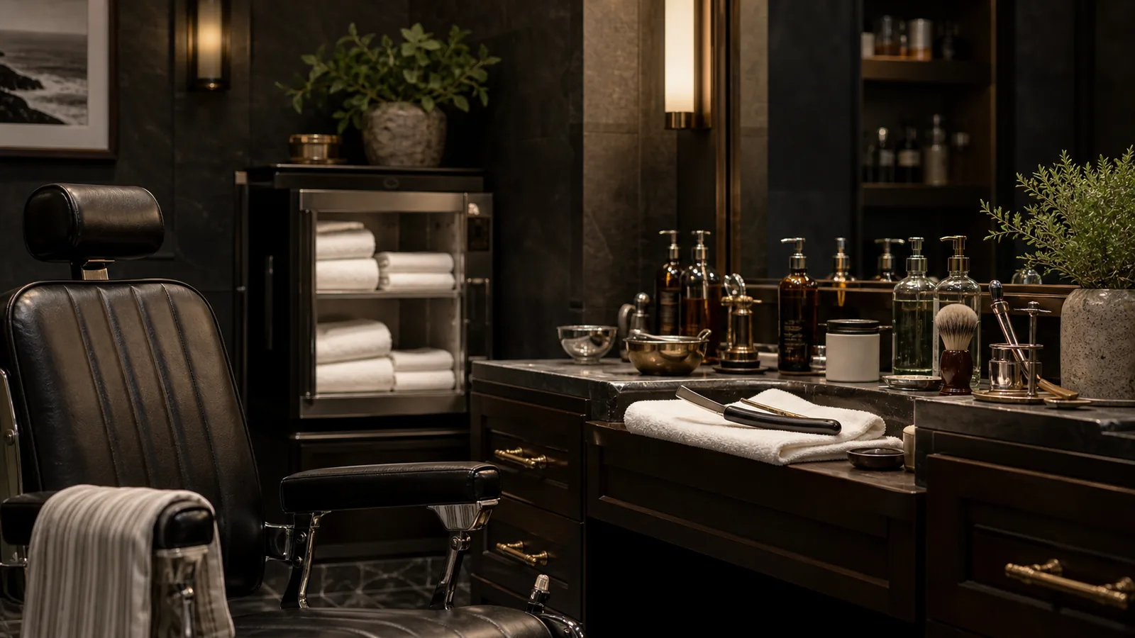 Luxury grooming room with leather chair, dark stone, brass details, towels and refillable glass bottles