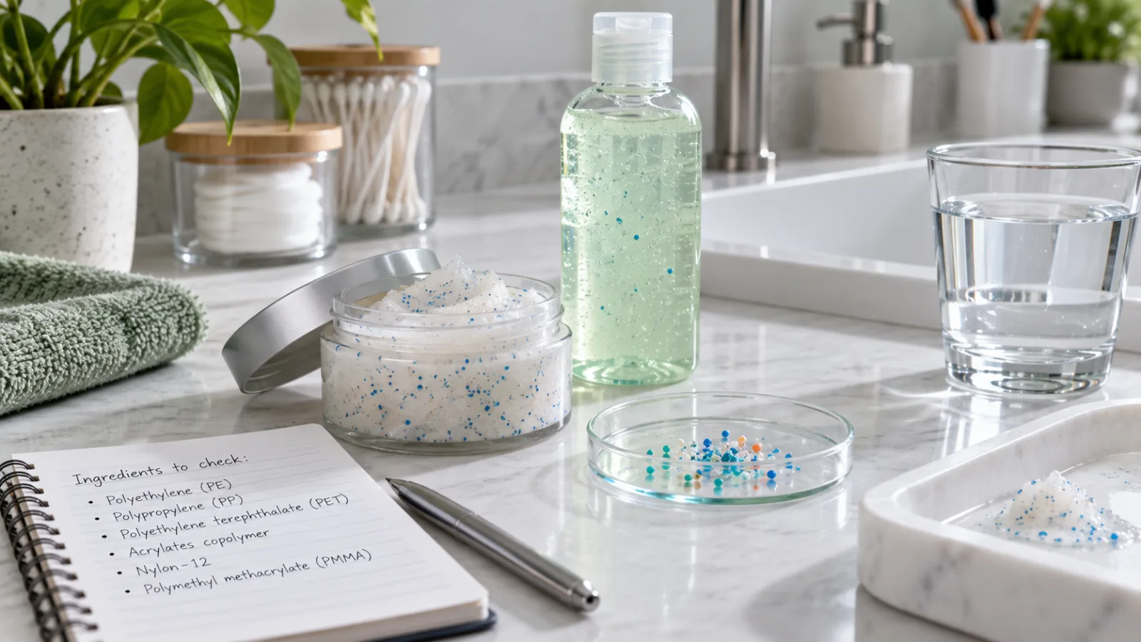Unbranded skincare products with a sample dish of cosmetic microbeads and an ingredient checklist for microplastics in cosmetics