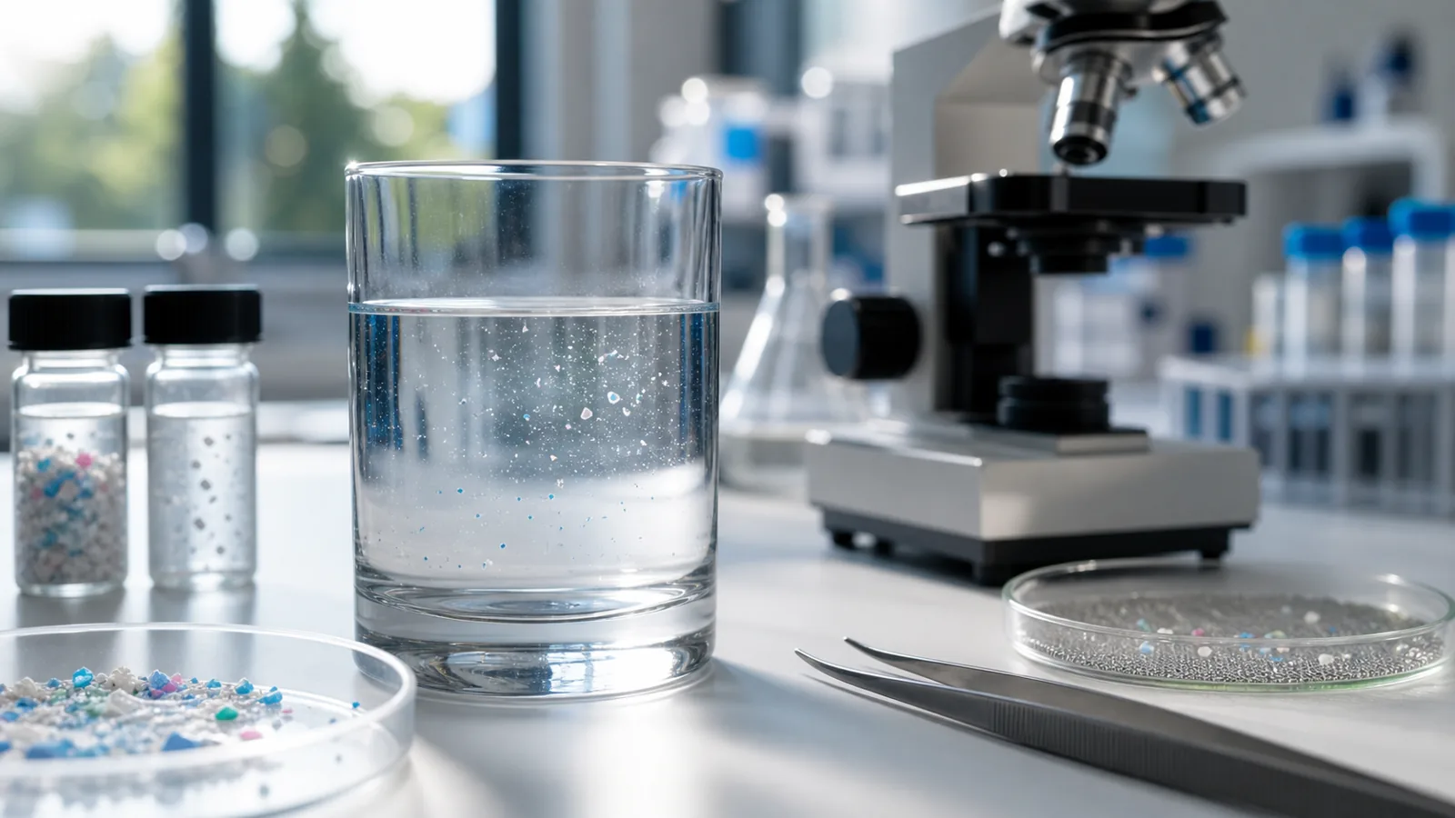Photorealistic lab scene with a glass of water, sample vials and a microscope for microplastics analysis