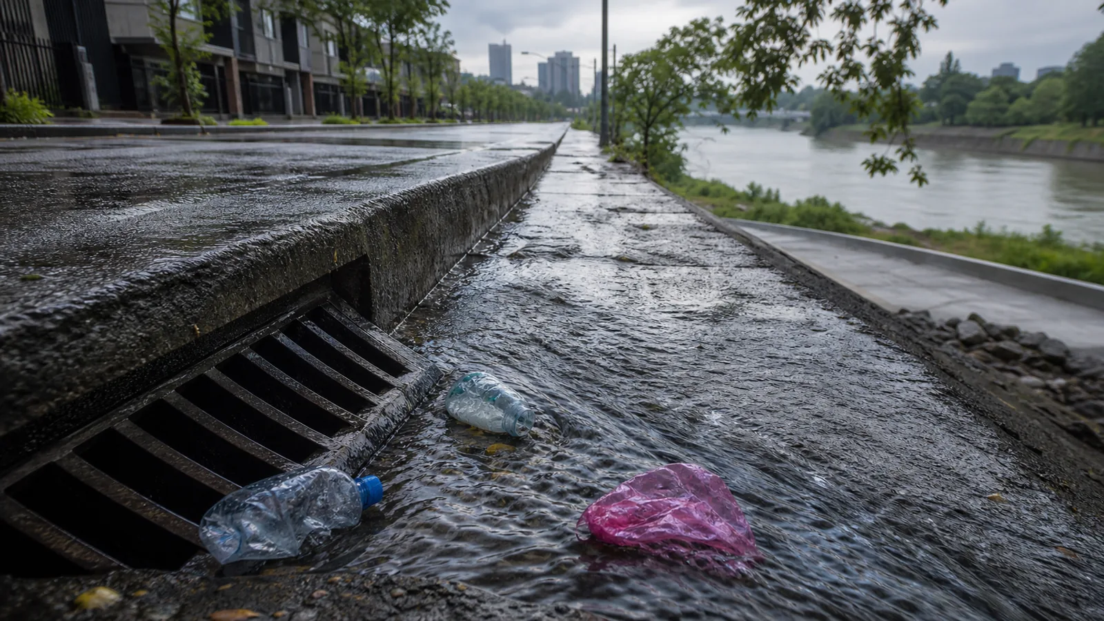Photorealistic rainy street scene showing plastic litter near a storm drain leading toward a river