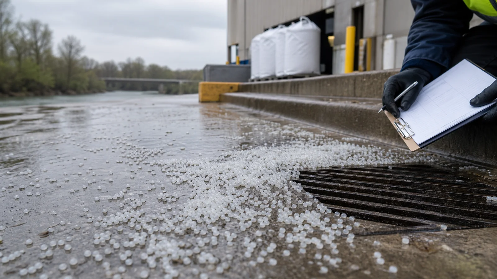 Photorealistic industrial yard with small plastic resin pellets near a storm drain after rain and a worker checking a spill log
