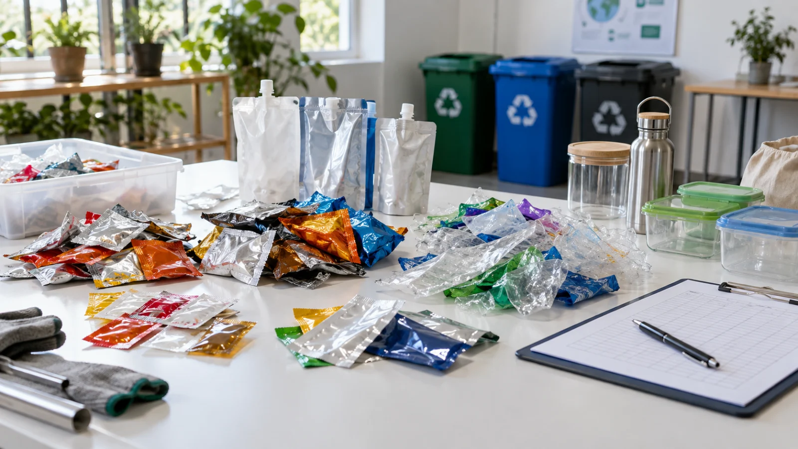 Waste audit table with small plastic sachets, flexible pouches, refill containers and a clipboard for packaging reduction planning