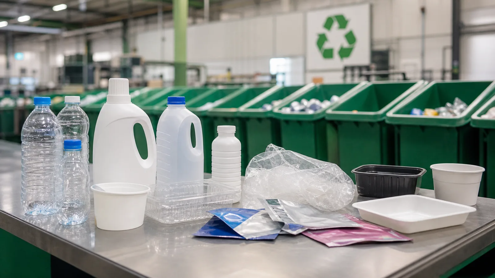 Photorealistic recycling sorting room with clean plastic packaging arranged by material type