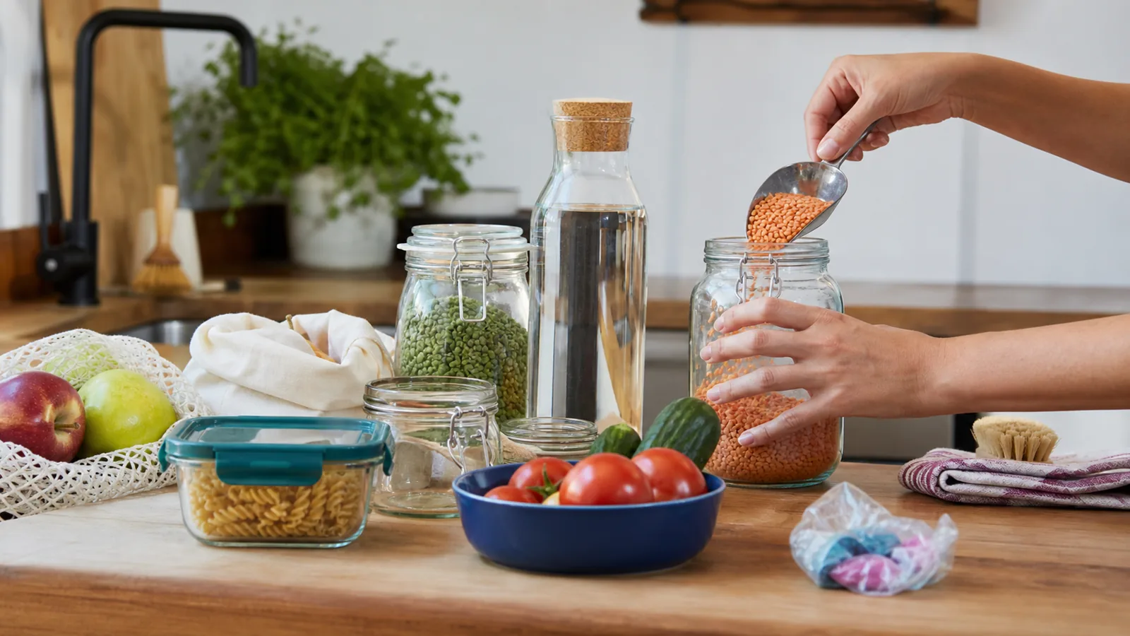 Photorealistic kitchen counter with reusable jars, produce and refill containers for reducing single-use plastic