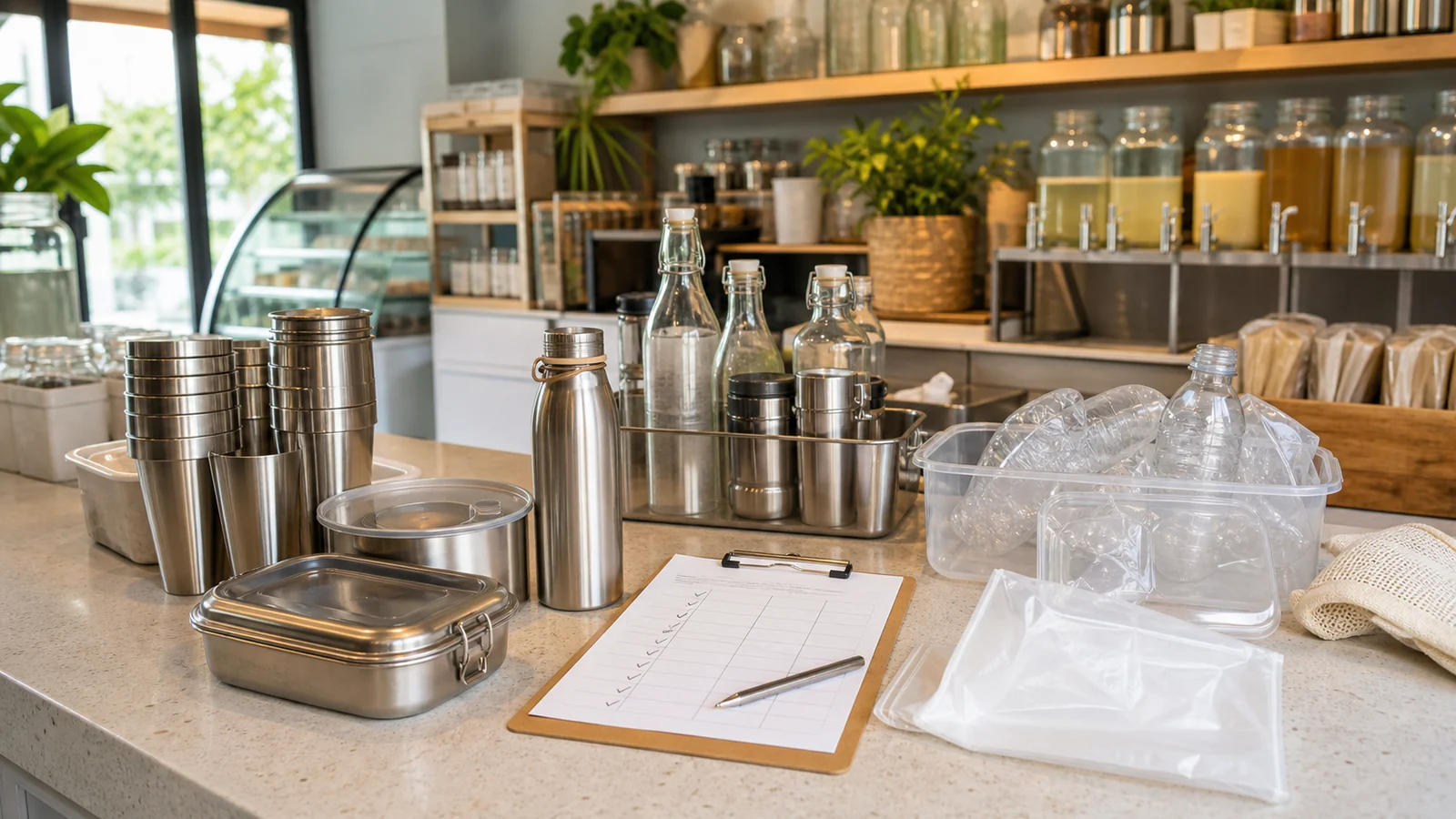 Photorealistic refill counter with stainless reusable cups, returnable food containers, glass dispensers and sorted unbranded plastic packaging