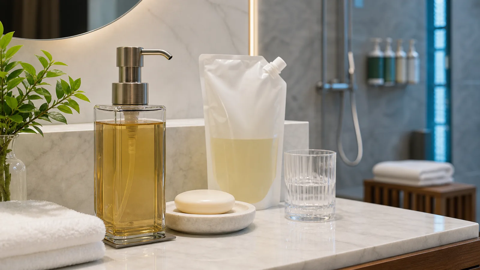 Hotel bathroom counter with refillable shower gel dispenser and reusable amenities