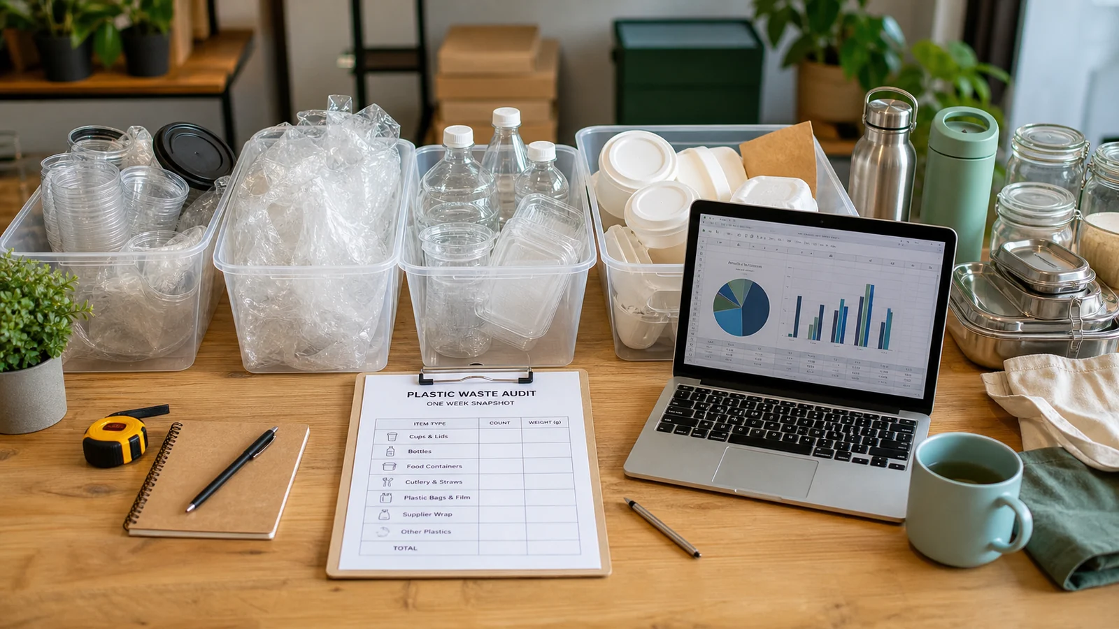 Small business plastic waste audit table with sorted cups, bottles, film, food containers, a checklist and reusable alternatives