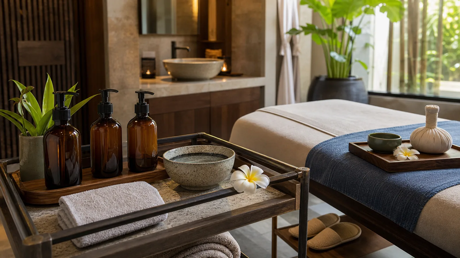 Premium spa treatment room with refillable amber bottles, folded towels and reusable amenities