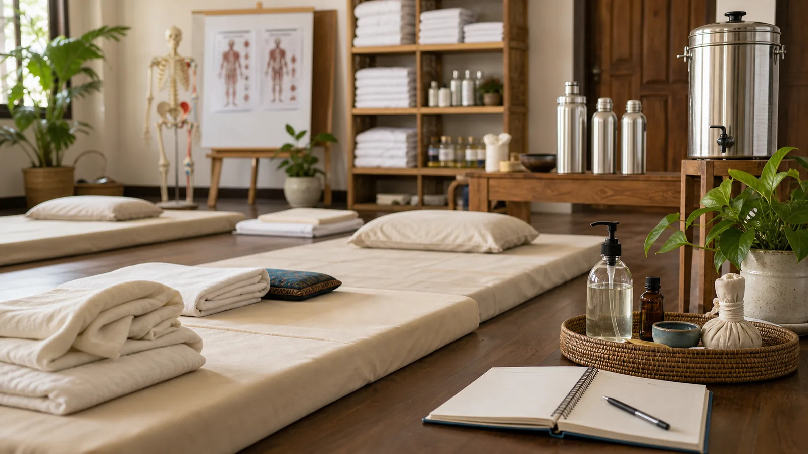 Thai massage classroom with reusable linens, refillable oil bottles and training mats