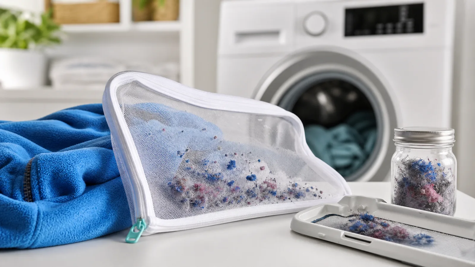 Photorealistic laundry room with synthetic fabric, mesh filter bag and a jar of captured microfibers