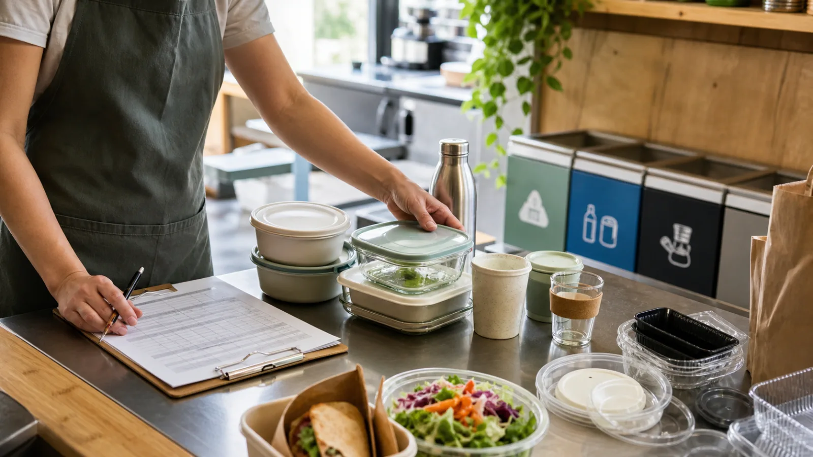 Food-service counter with reusable takeaway containers, washable cups, sorting bins and a packaging waste audit sheet